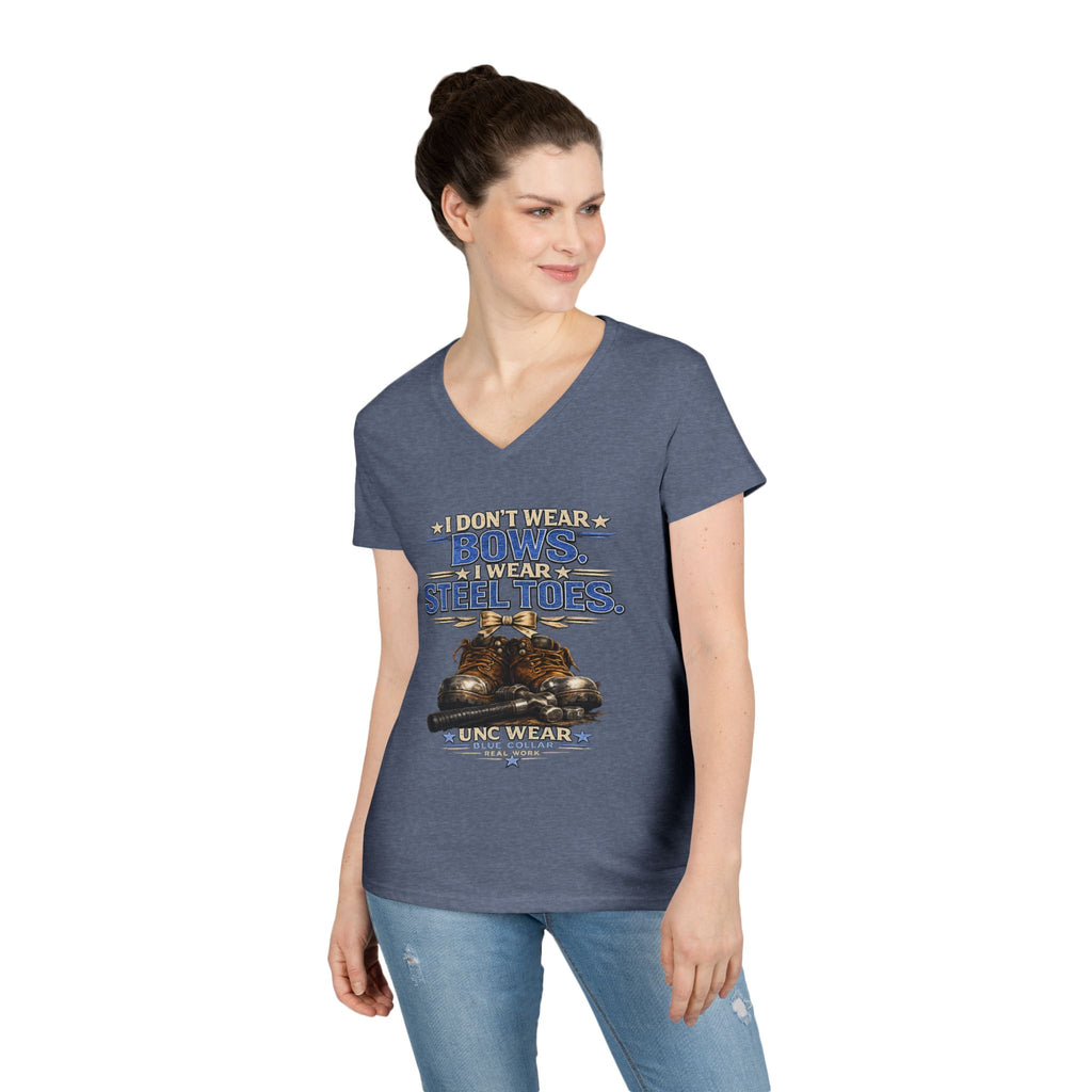 Ladies' V-Neck T-Shirt — "I Don't Wear a Bow, I Wear Steel Toes" Work Boots Graphic