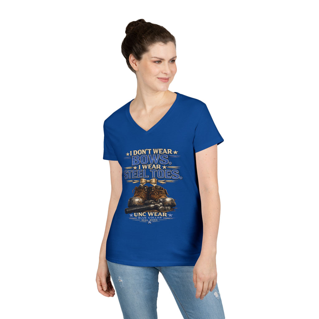 Ladies' V-Neck T-Shirt — "I Don't Wear a Bow, I Wear Steel Toes" Work Boots Graphic