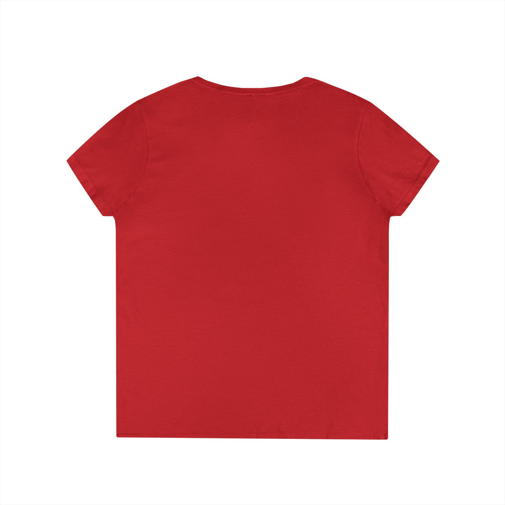 Ladies' V-Neck T-Shirt — "I Don't Wear a Bow, I Wear Steel Toes" Work Boots Graphic