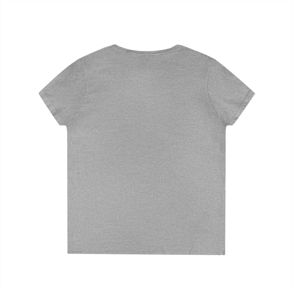 Ladies' V-Neck T-Shirt — "I Don't Wear a Bow, I Wear Steel Toes" Work Boots Graphic