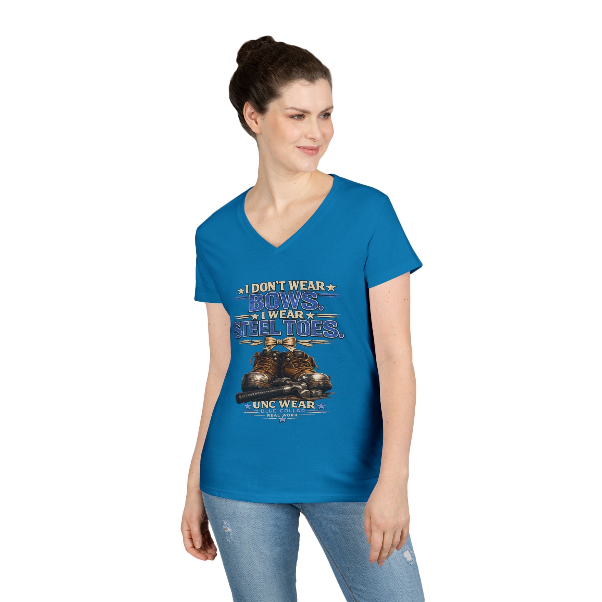 Ladies' V-Neck T-Shirt — "I Don't Wear a Bow, I Wear Steel Toes" Work Boots Graphic