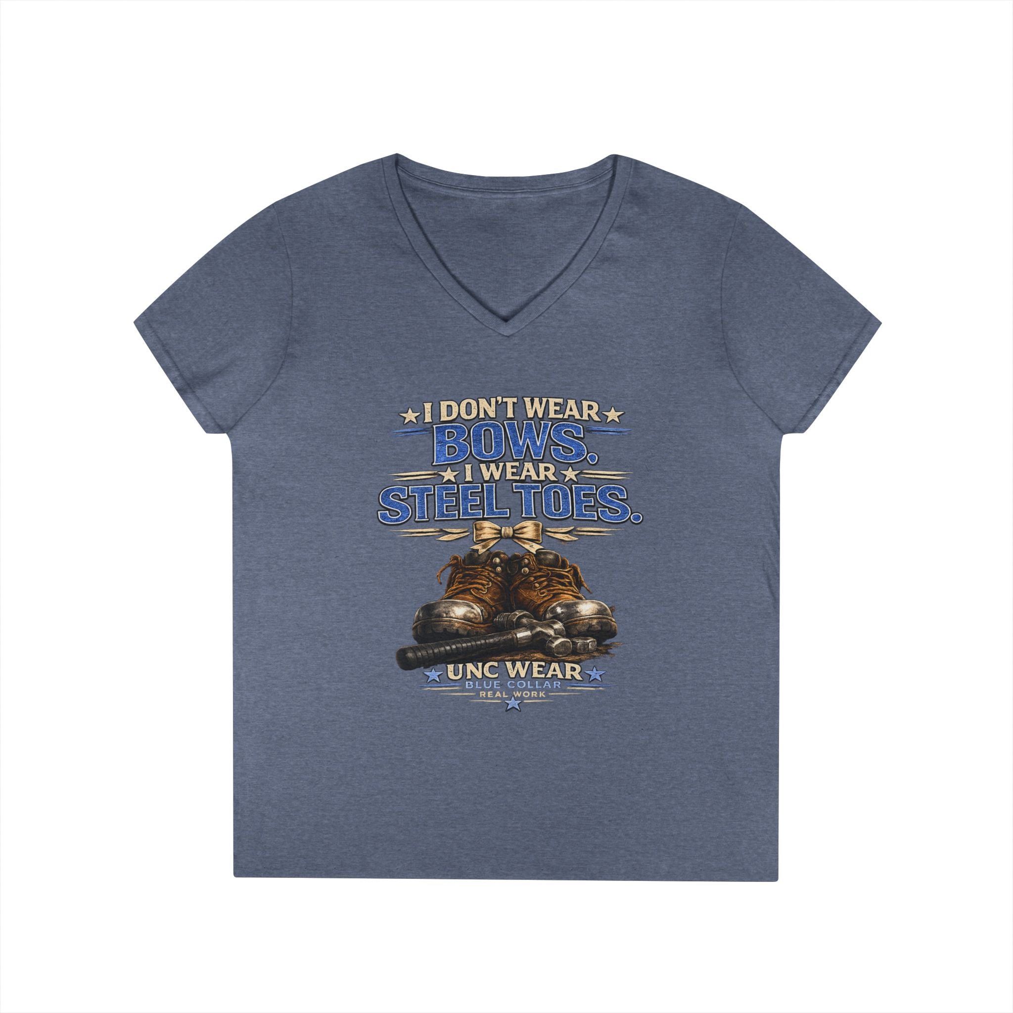 Ladies' V-Neck T-Shirt — "I Don't Wear a Bow, I Wear Steel Toes" Work Boots Graphic