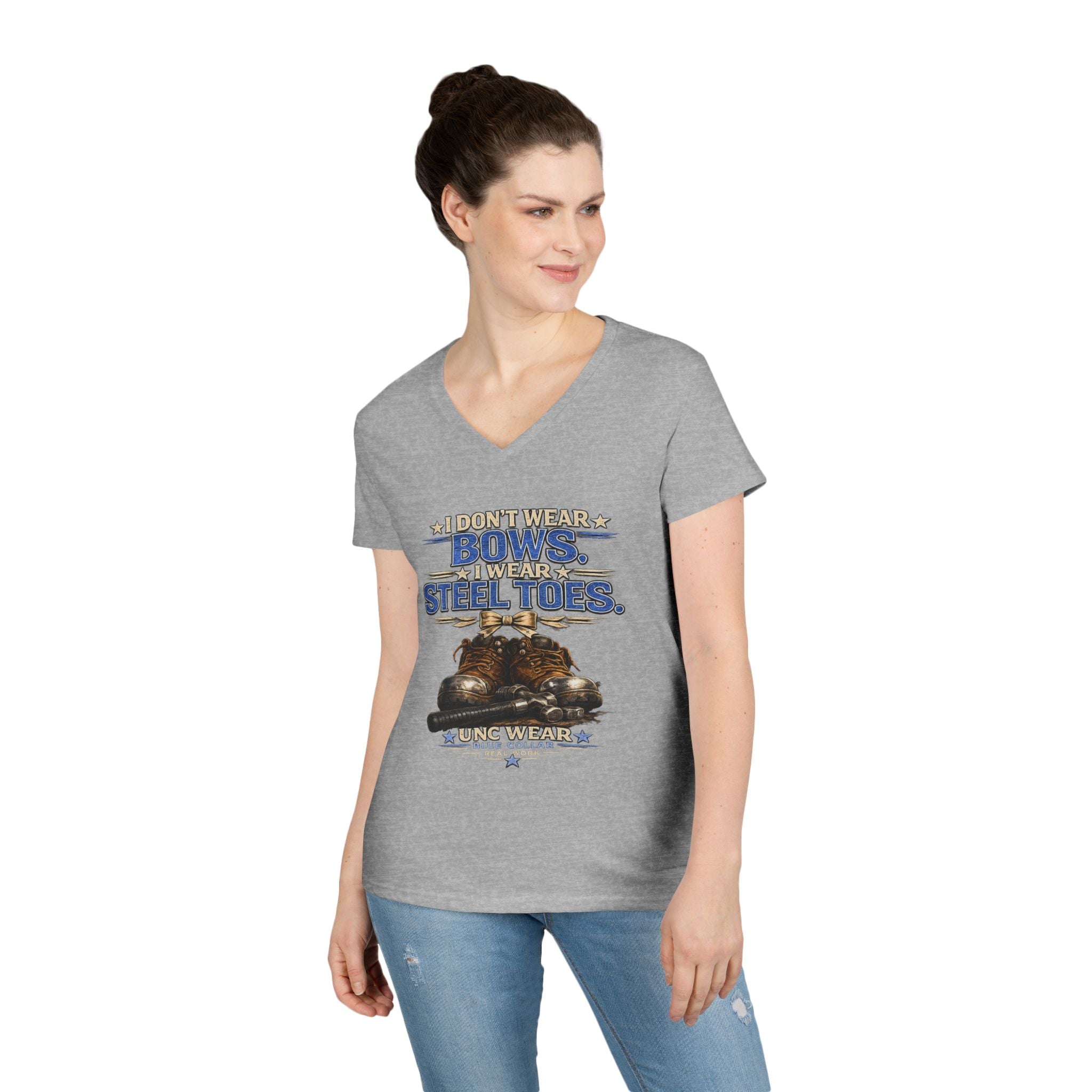 Ladies' V-Neck T-Shirt — "I Don't Wear a Bow, I Wear Steel Toes" Work Boots Graphic