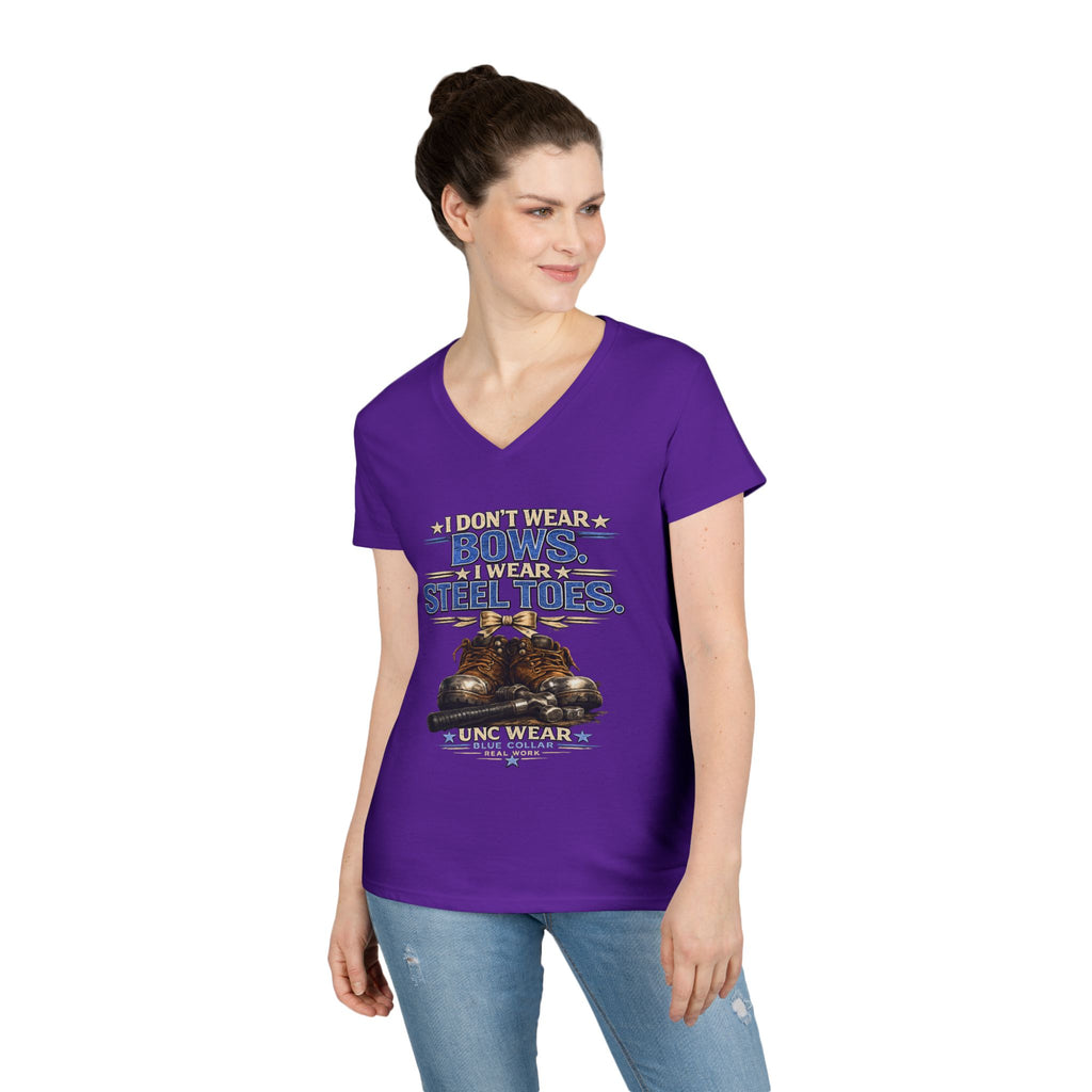 Ladies' V-Neck T-Shirt — "I Don't Wear a Bow, I Wear Steel Toes" Work Boots Graphic