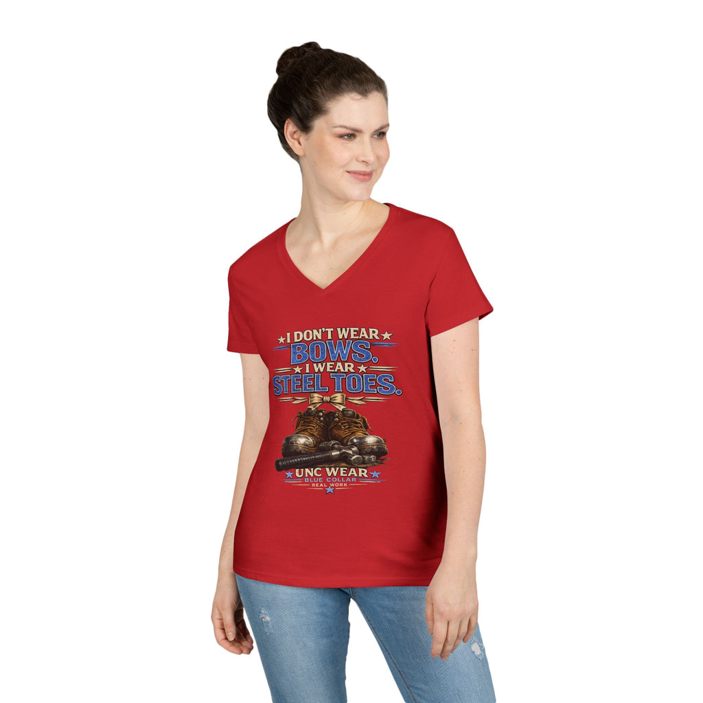 Ladies' V-Neck T-Shirt — "I Don't Wear a Bow, I Wear Steel Toes" Work Boots Graphic