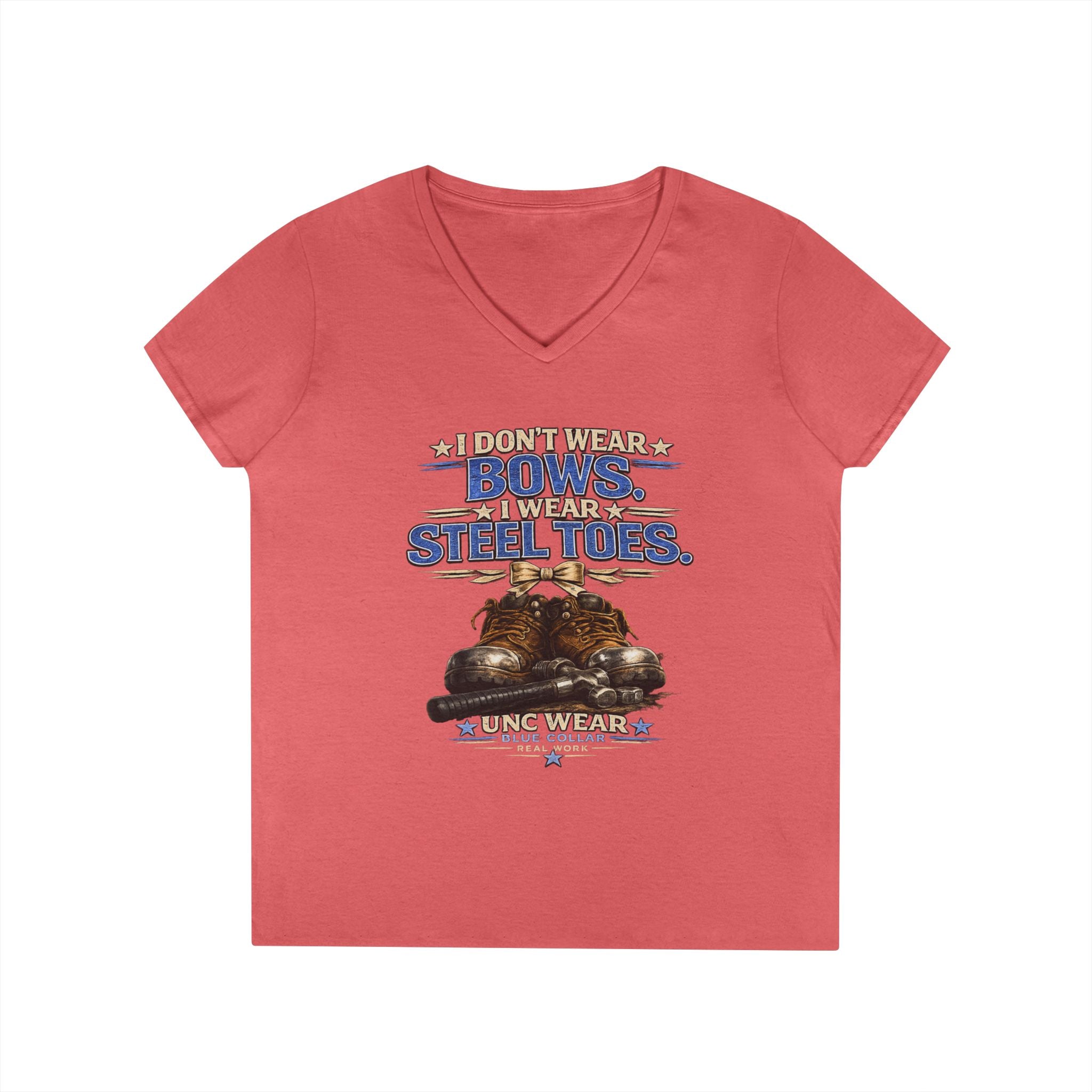 Ladies' V-Neck T-Shirt — "I Don't Wear a Bow, I Wear Steel Toes" Work Boots Graphic