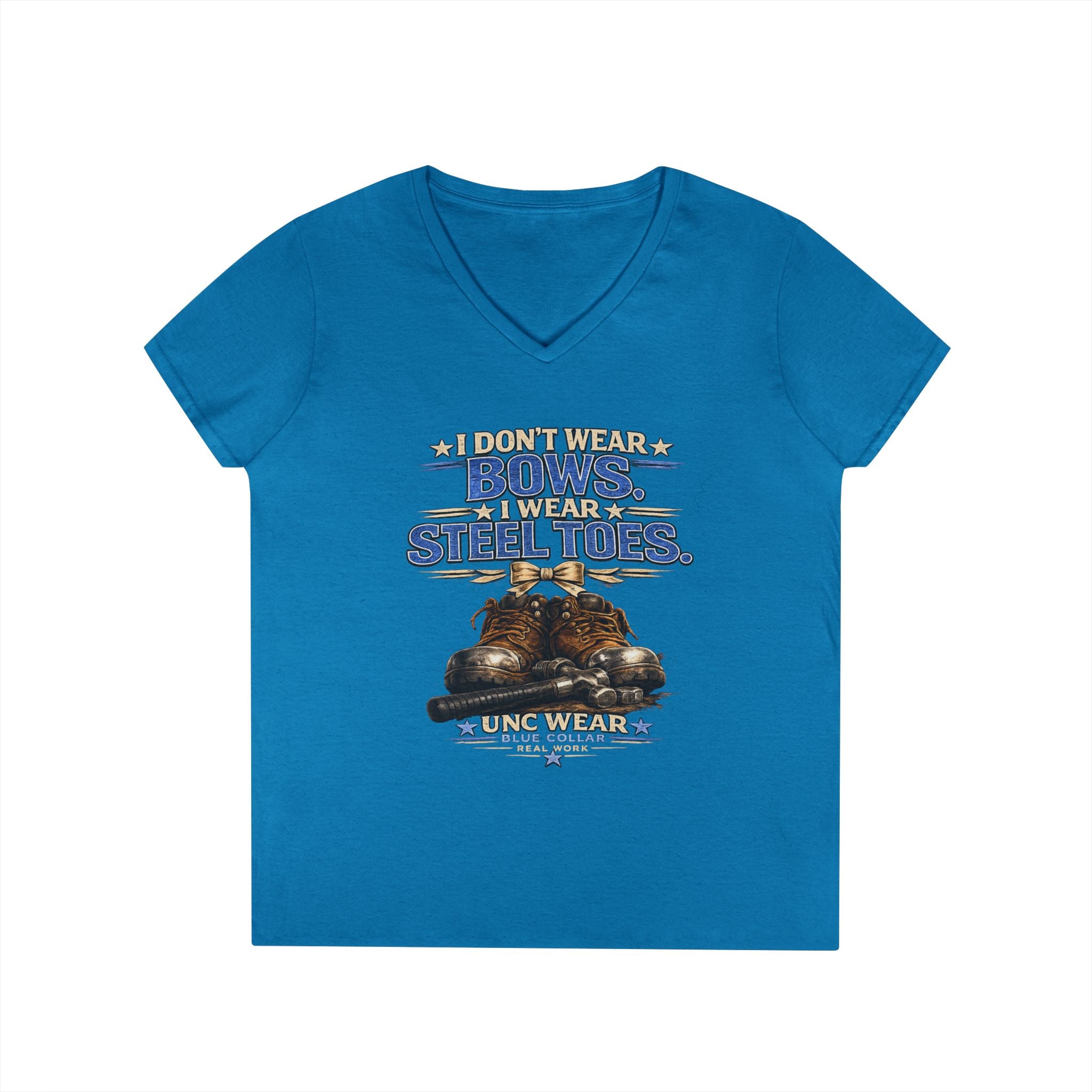 Ladies' V-Neck T-Shirt — "I Don't Wear a Bow, I Wear Steel Toes" Work Boots Graphic