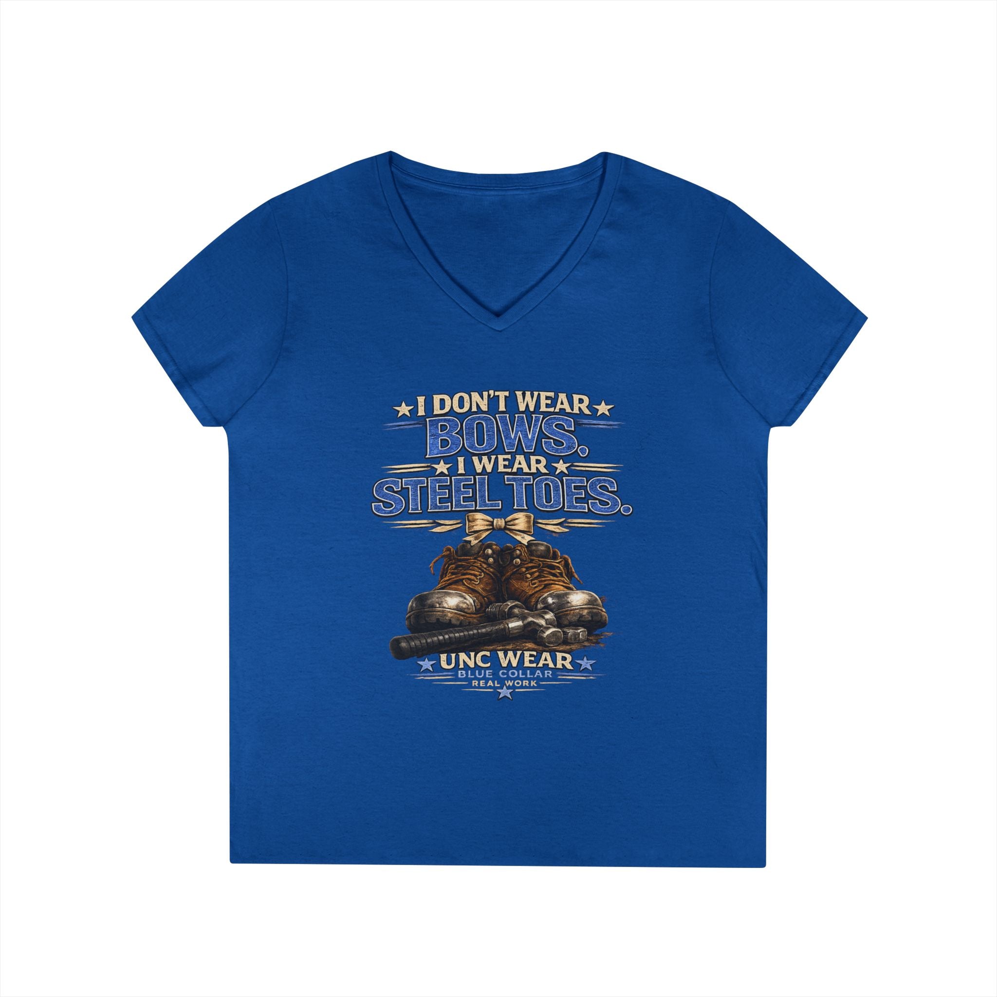 Ladies' V-Neck T-Shirt — "I Don't Wear a Bow, I Wear Steel Toes" Work Boots Graphic