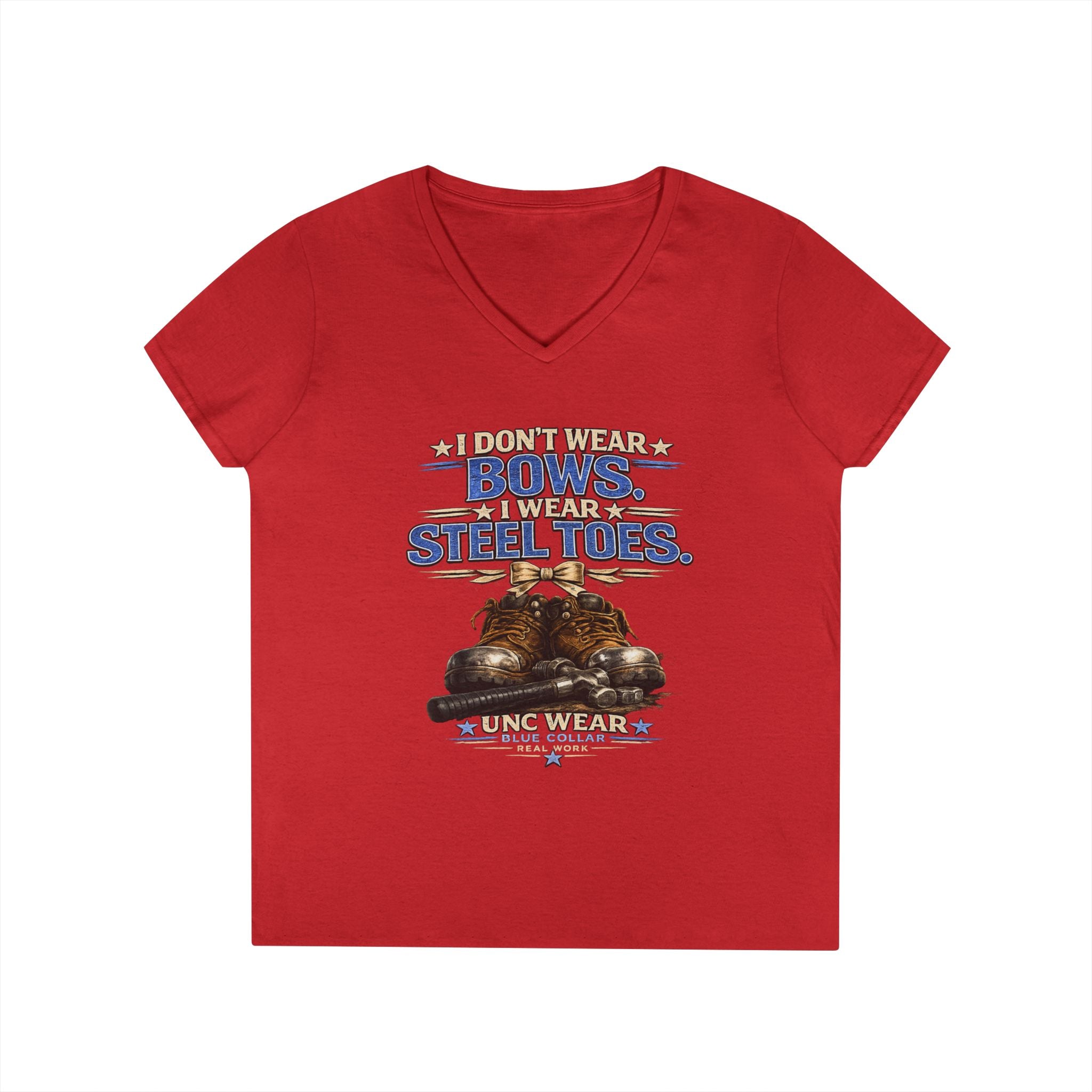 Ladies' V-Neck T-Shirt — "I Don't Wear a Bow, I Wear Steel Toes" Work Boots Graphic
