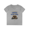 Ladies' V-Neck T-Shirt — "I Don't Wear a Bow, I Wear Steel Toes" Work Boots Graphic