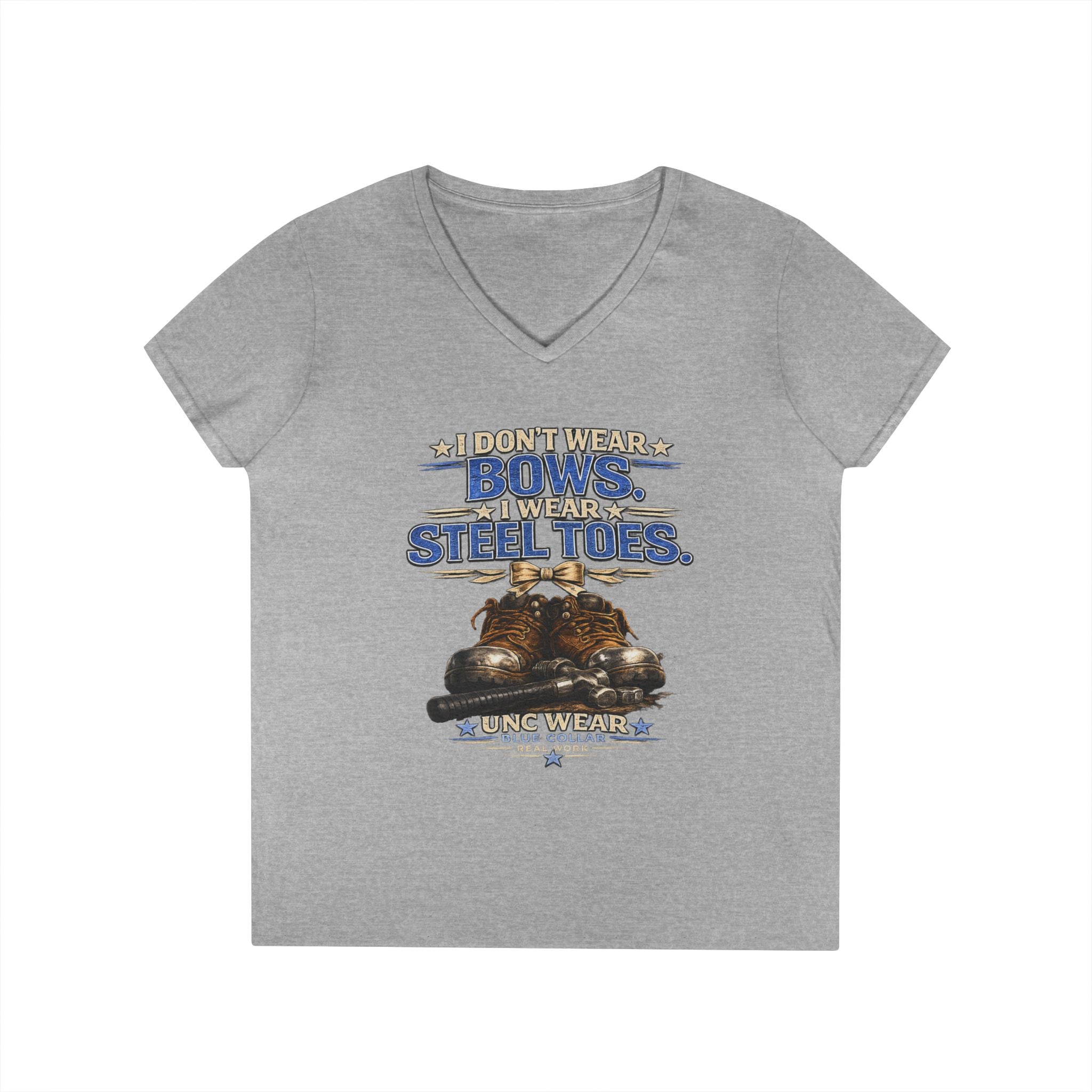 Ladies' V-Neck T-Shirt — "I Don't Wear a Bow, I Wear Steel Toes" Work Boots Graphic