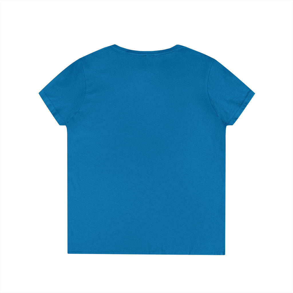 Ladies' V-Neck T-Shirt — "I Don't Wear a Bow, I Wear Steel Toes" Work Boots Graphic