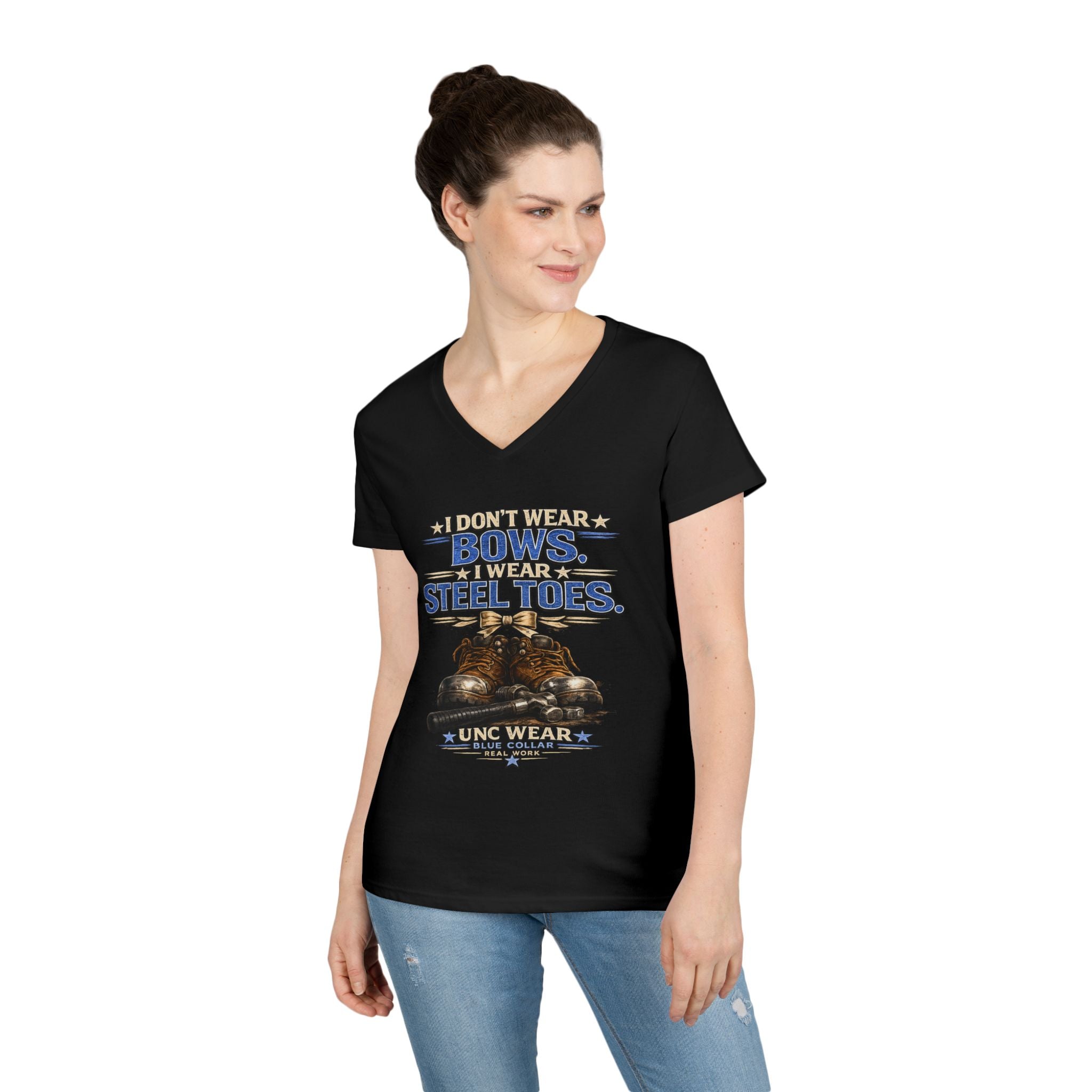Ladies' V-Neck T-Shirt — "I Don't Wear a Bow, I Wear Steel Toes" Work Boots Graphic