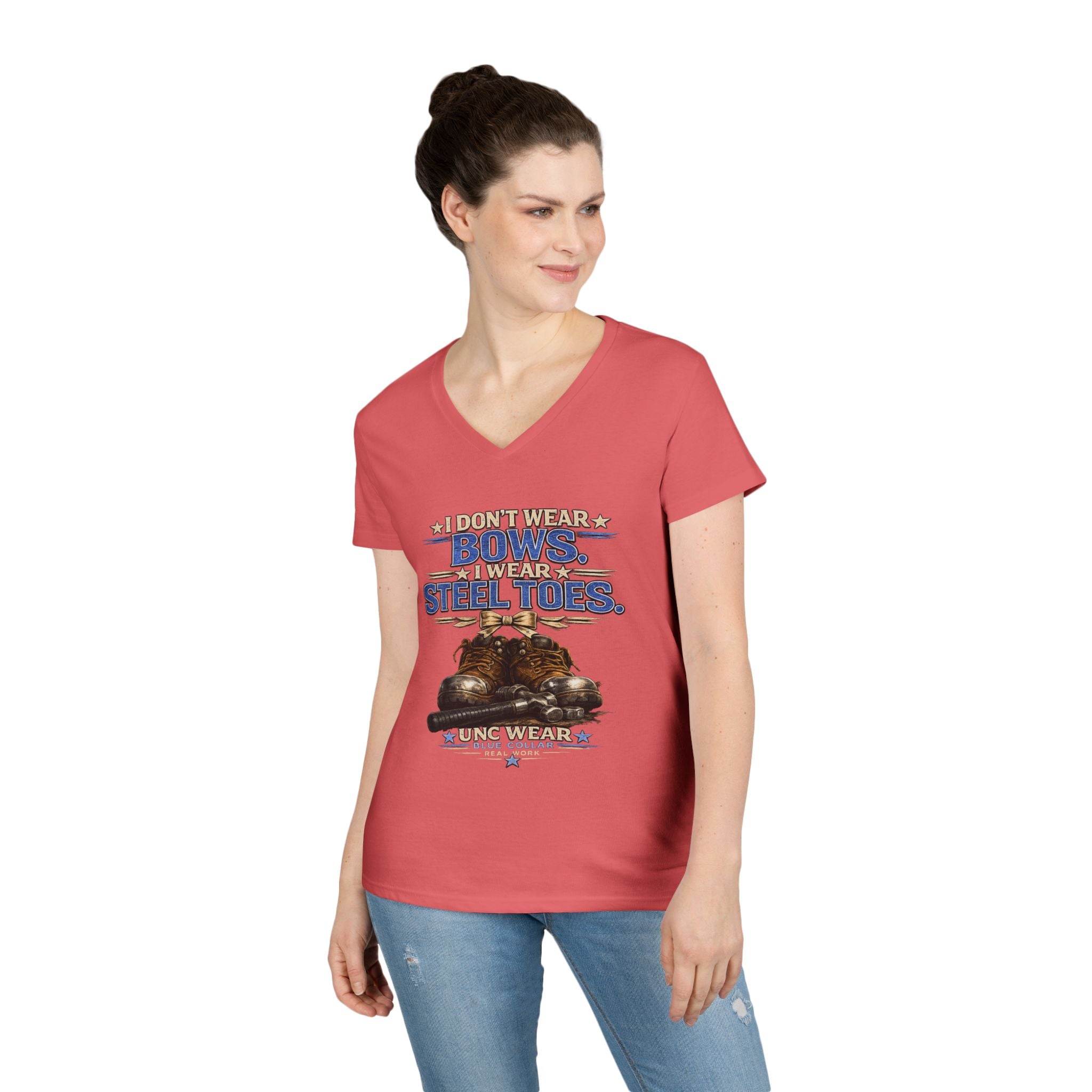 Ladies' V-Neck T-Shirt — "I Don't Wear a Bow, I Wear Steel Toes" Work Boots Graphic
