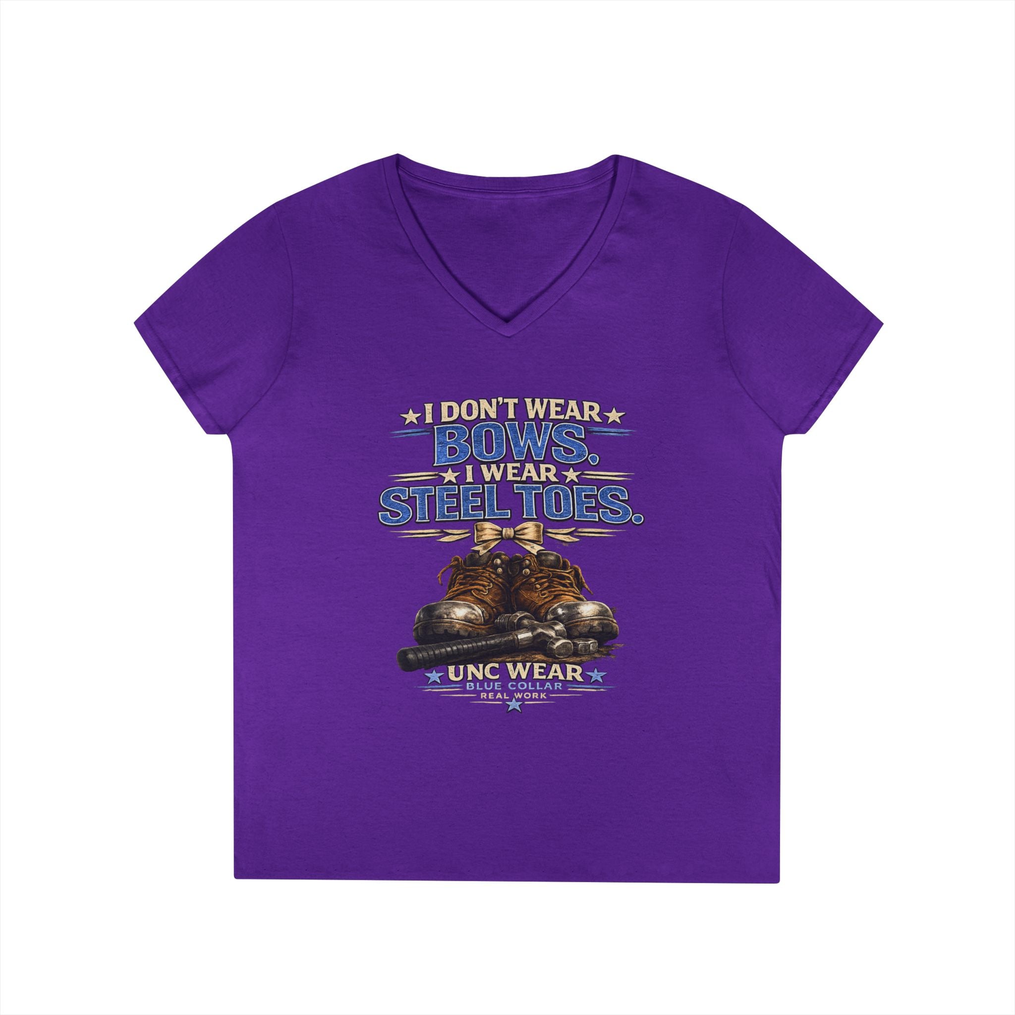 Ladies' V-Neck T-Shirt — "I Don't Wear a Bow, I Wear Steel Toes" Work Boots Graphic